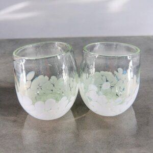 Hand Blown Glass Set 2 Stemless Tumblers Drinking Glasses Cups Clear White Spots